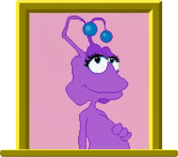 A purple alien in a window