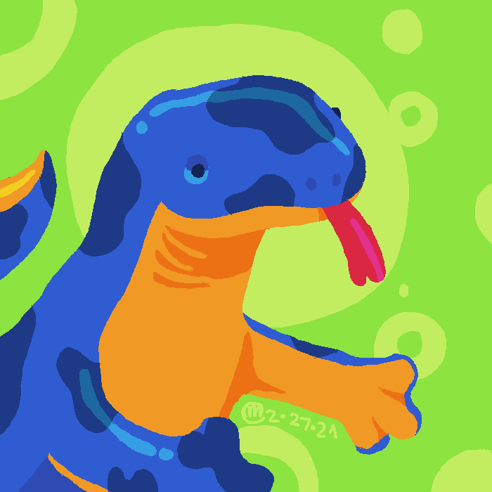 A drawing of a partial view of the Beanie Baby Liz, a blue lizard with an orange belly, against a green background.