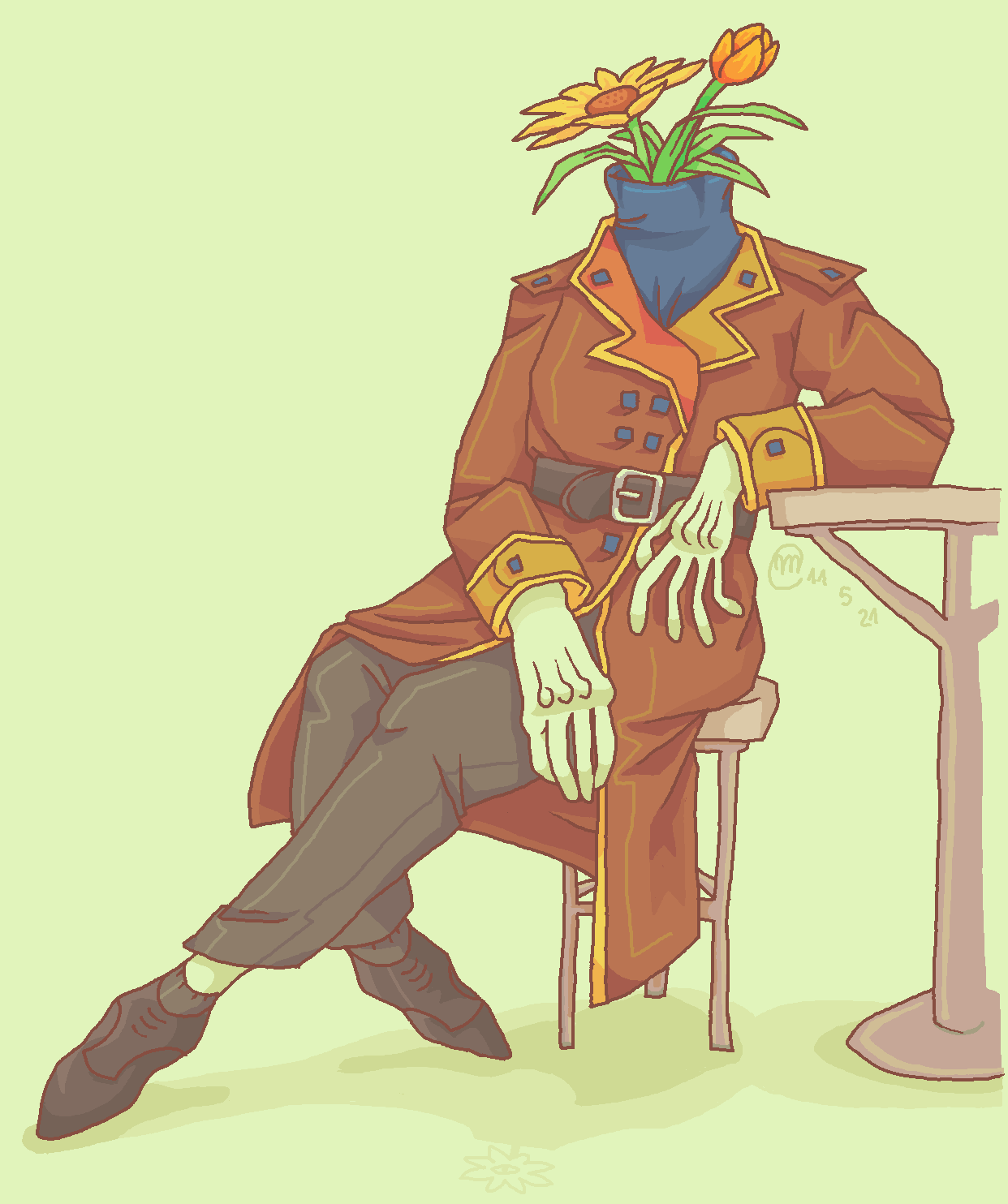 A drawing of a person wearing a brown trenchcoat wearing dark grey pants and shoes, sitting on a stool and leaning against a table. They have flowers and grass in place of a head.