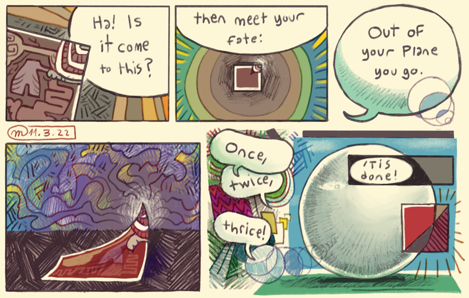 A comic in which a sphere peels a square out of its own dimension into the third dimension.