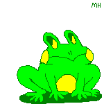 A small animation of a neon green frog jumping up and landing with a plop.