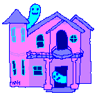 A small animation of a pink and blue doll house with cyan ghosts peeping from the openings.