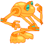 A small gif of an orange frog-like robot crouching and gesturing to his head.
