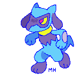 A small gif of a Riolu from Pokemon punching with one paw.