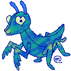 A small gif of a mottled green and blue mantis with heart-shaped eyes