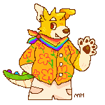 A gif of a chubby yellow anthro dog with a dino tail, waving happily to the viewer.