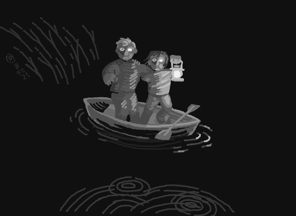 A dark grey painting of two people in a small rowboat, looking aghast at something causing ripples off-screen in front of them.