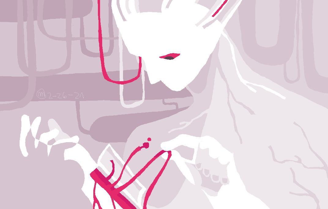 An abstract drawing of a pale person with wires surrounding them, pulling a leaking red wire out of their arm.