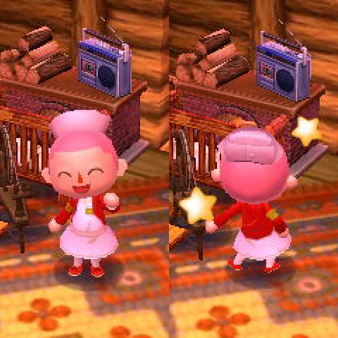 An Animal Crossing player from the front and back, wearing a white dress with a red jacket, a nurse's hat, and red shoes.