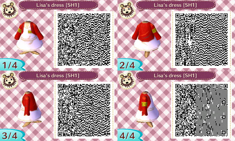 Four QR codes for a dress in Animal Crossing that's white with a red jacket, and a gold nametag and arm band.