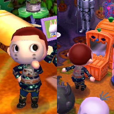 An Animal Crossing player from the front and back, wearing a navy diving suit from Soma, a hockey mask, and dark pants.