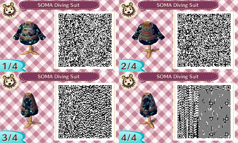 Four QR codes for a shirt in Animal Crossing patterned after the navy diving suit from Soma.