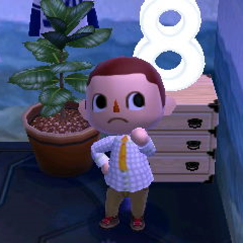 An Animal Crossing player wearing a white shirt with a grey grid pattern and an orange tie, with khaki pants.