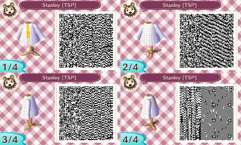 Four QR codes for a shirt in Animal Crossing, which is white with an grey grid pattern and an orange tie.