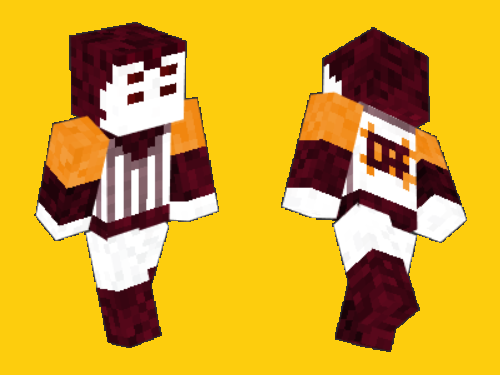A Minecraft player that looks like a baseball batter, in a black and white outfit with orange sleeves and a shirt that says 'off' on the back.