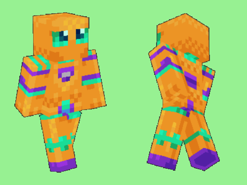 A MineCraft player that looks like an orange robot, with big dark eyes and teal and purple accents