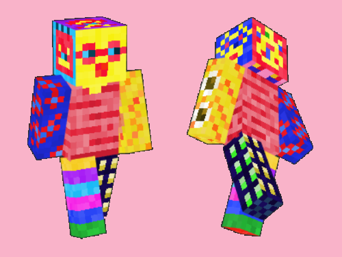 A colourful Minecraft player covered in abstract patterns.