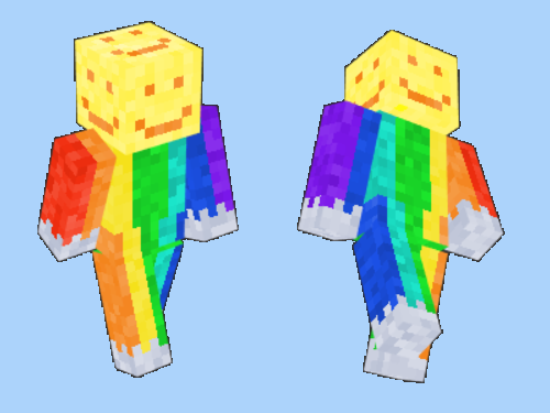 A Minecraft player whose head is a smiling sun and whose body is made of rainbows that end in clouds at the hands and feet.