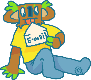 A drawing of a brown anthropomorphic koala, sitting and licking a envelope labelled 'E-mail'.