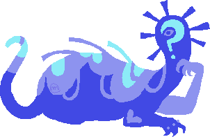 A long blue creature with a question mark for a face.