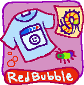 Button for RedBubble with a shirt, poster, and bug