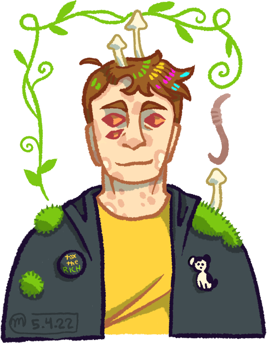 A drawing of Fortis, a smiling pale person with psoriasis spots, short brown hair, and three eyes. They're framed by vines, and have on them mushrooms and moss.