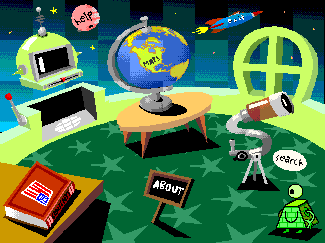 The main menu of Amazing American History, of Annie the Pyramid standing in a room with a globe, telescope, book, and machine.