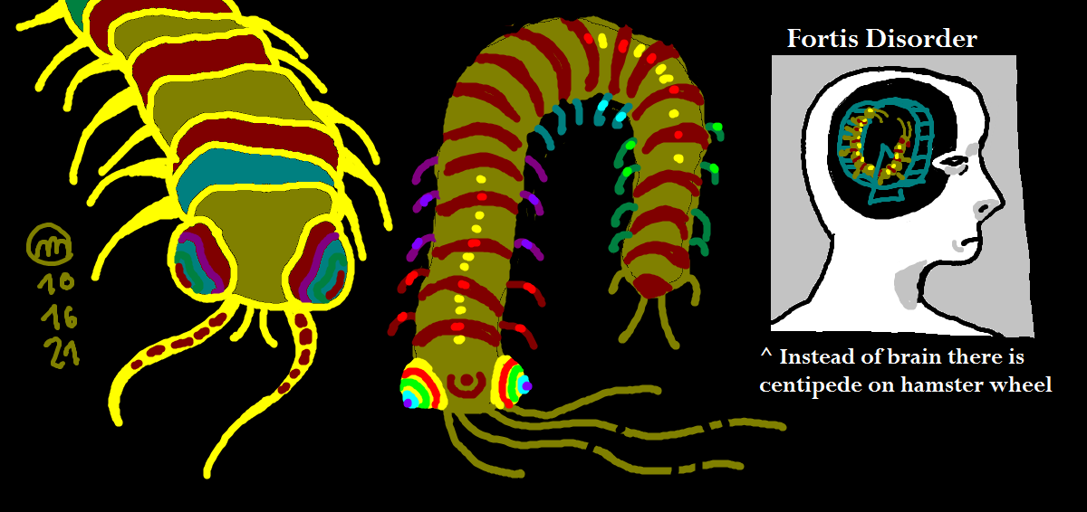 Drawing of two neon yellow centipedes in dim lighting. One is on a hamster wheel in a silhouette's head