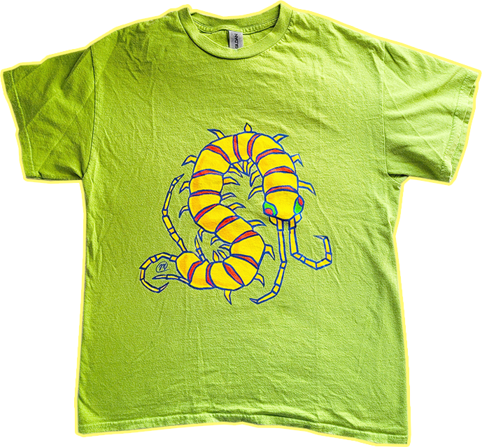 A green shirt featuring a big yellow and red-striped centipede
