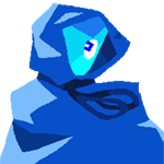 A blue person in a cloak