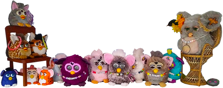 A row of colourful Furby toys