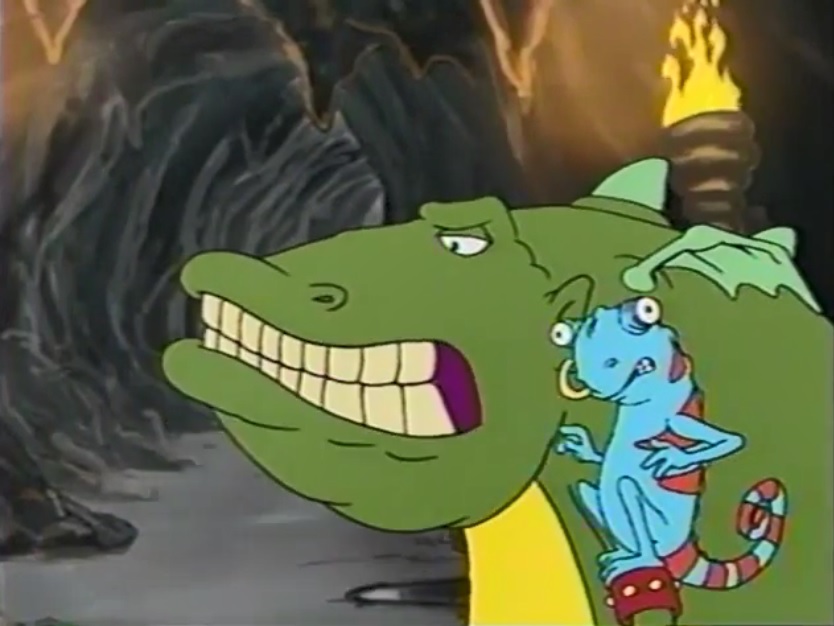 A scowling cartoon dragon and chameleon in a cave