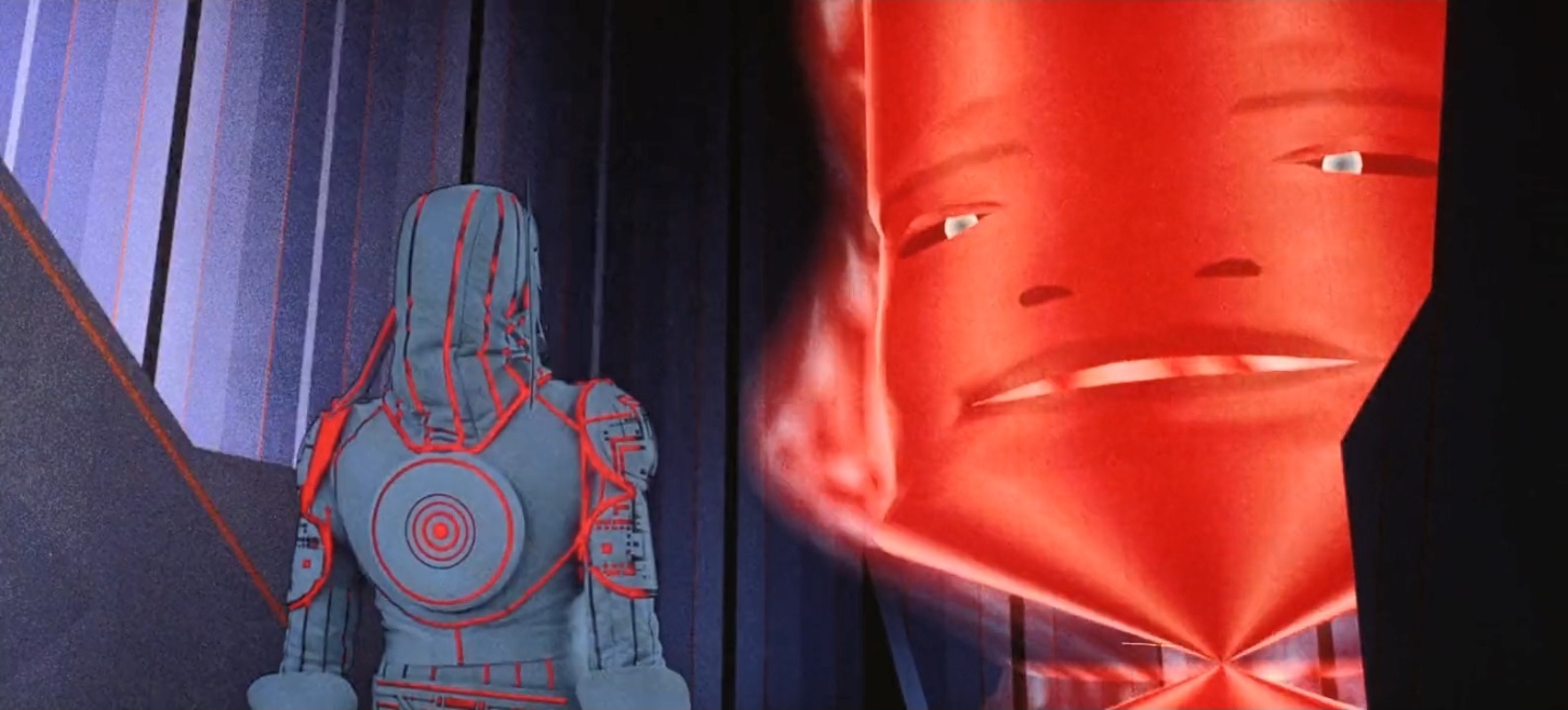 Sark from Tron looking at the large red face of the MCP