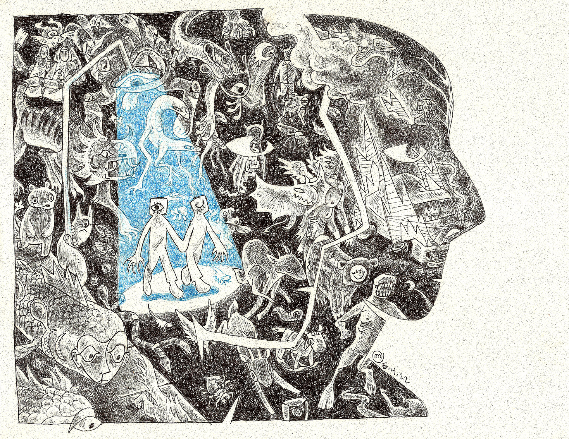 A pen drawing of two human head silhouettes. Inside is a scene of two people, lit in blue by a streetlight, walking down a dark street crowded with monsters and chaos.
