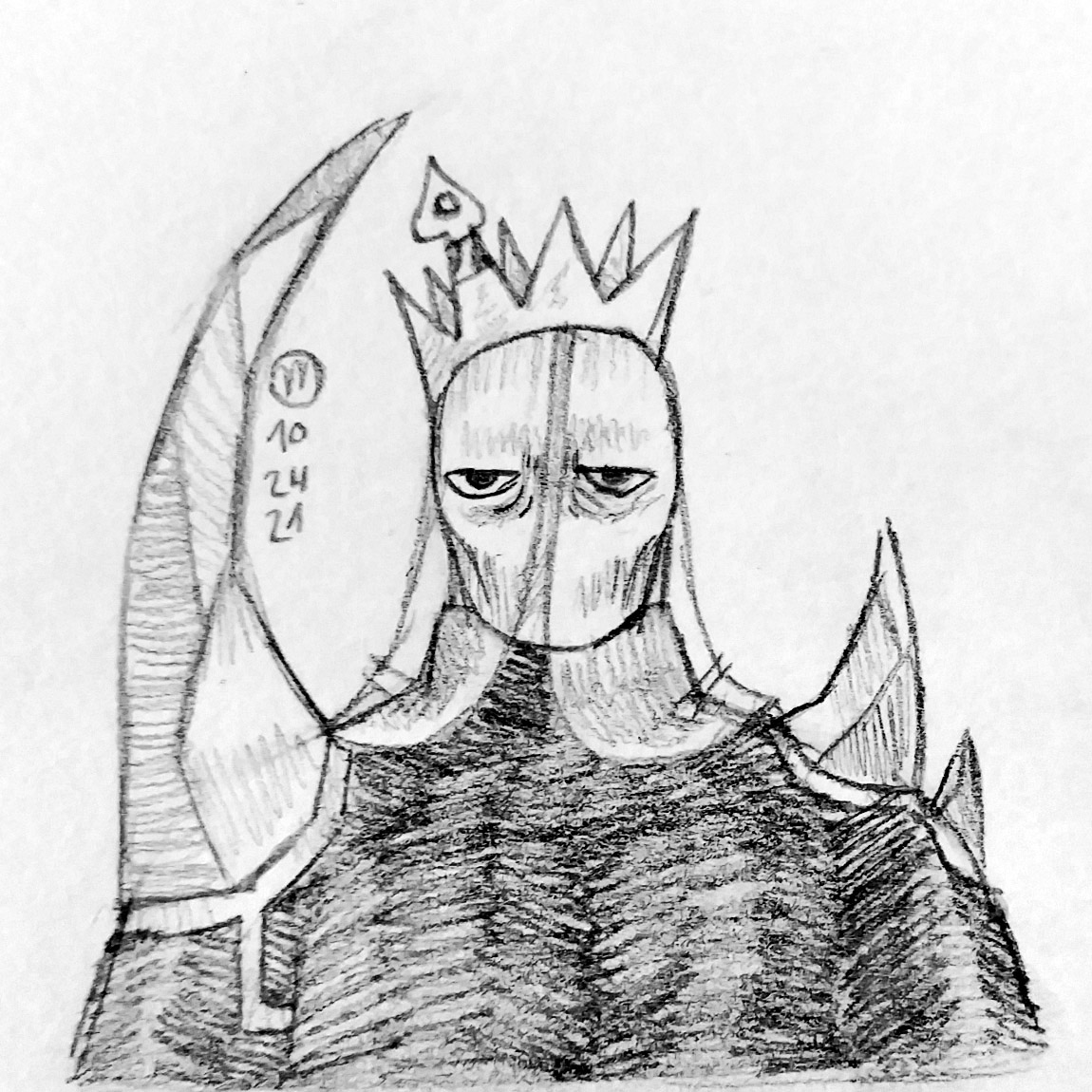 A drawn bust of a person with a severe expression, wearing a crown and dark outfit, with spikes coming out of her shoulders.