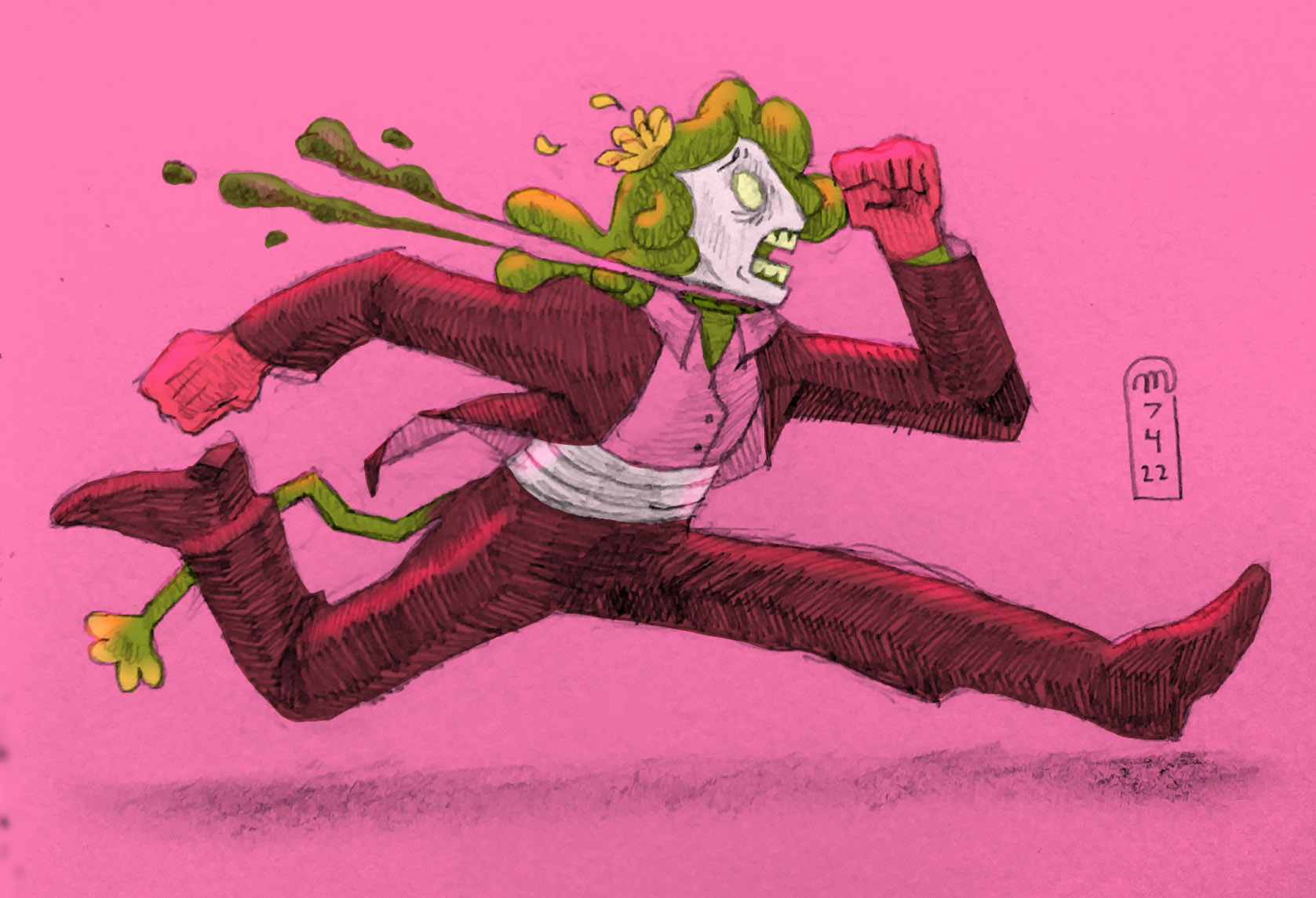 A decapitated humanoid figure with green skin, a black and pink formal suit, and a flower for a tail, running with a terrified expression.