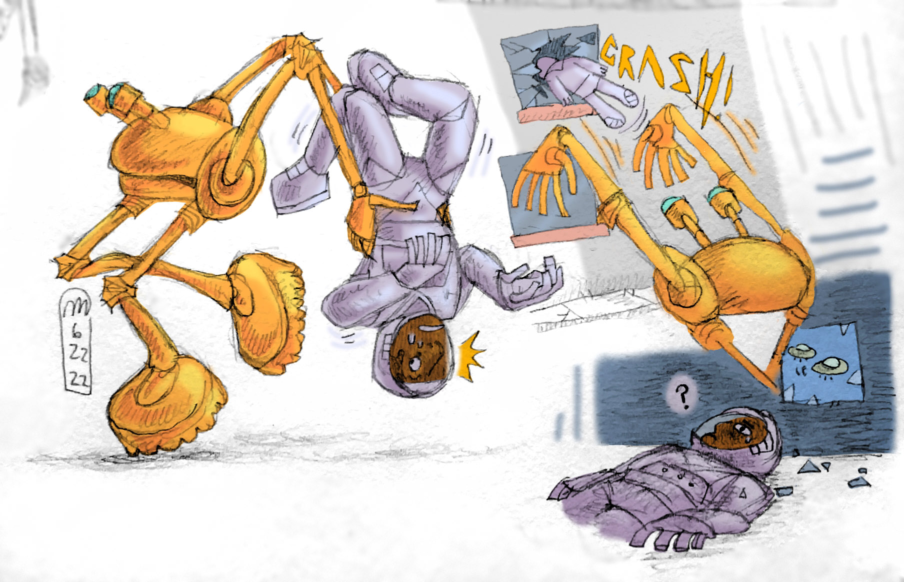 A comic of a squat orange robot with lanky humanoid limbs picking up a human in a silver spacesuit and throwing him through a window.
